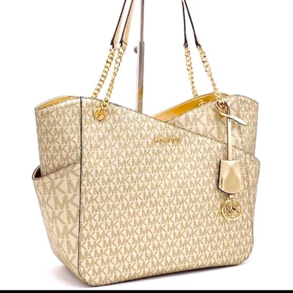 MICHAEL KORS LARGE X CHAIN SHOULDER TOTE BAG PALE GOLD COLOR - Picture 4 of 16